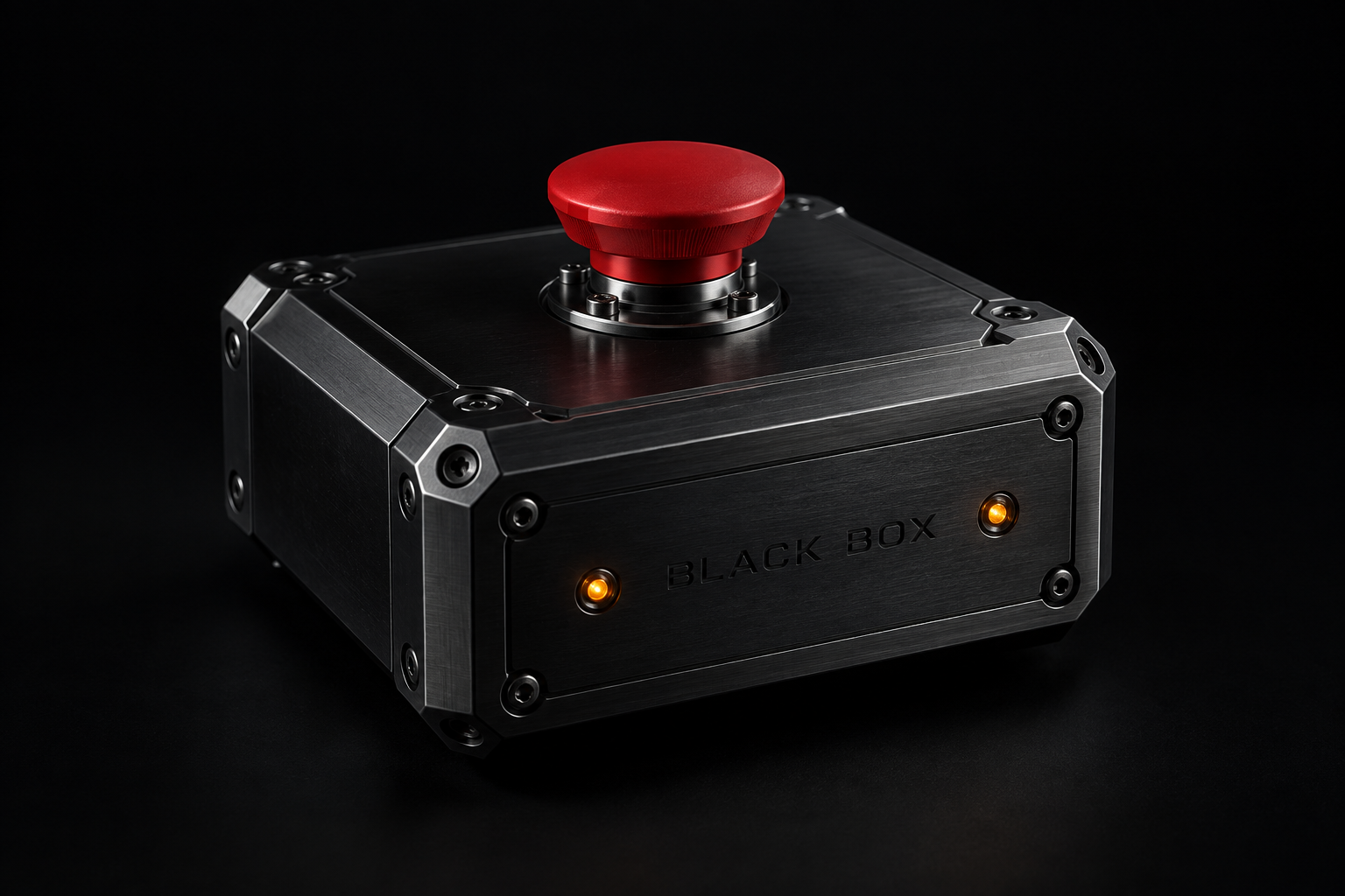 Black industrial box with a red pause button: a visual metaphor for software controls, not a physical product.